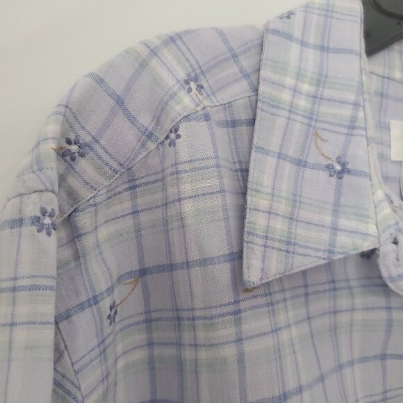TALBOTS Embroidered Florals Linen Plaid Shirt Button Down Collared Cuffed Sleeve - Picture 5 of 10